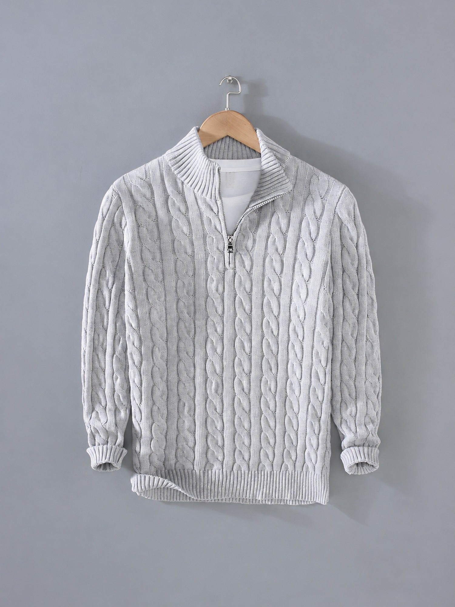 Cable Knit Quarter-Zip Sweater – Men – Grey – front